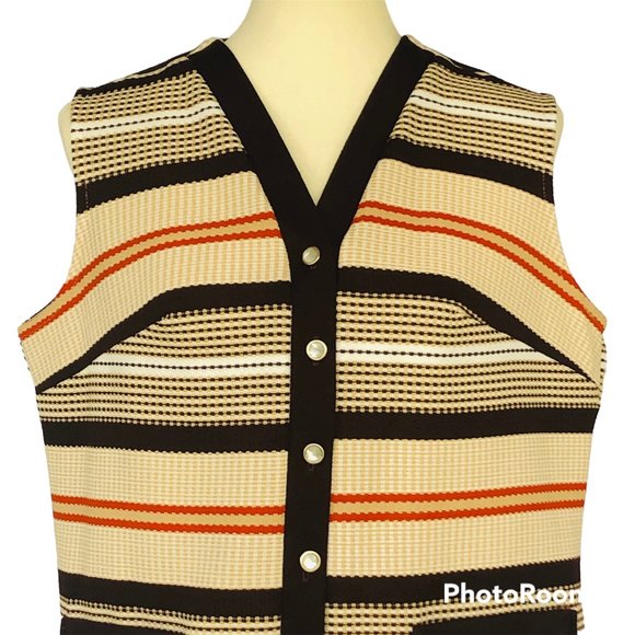 Vintage 1960s 1970s Mod Polyester Brown Orange Cream Striped Vest Pockets Womens - Picture 1 of 5